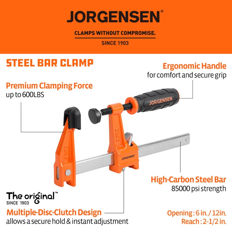 JORGENSEN 4-pack Steel Bar Clamps Set, 6 inch & 12 inch Medium Duty F-Clamp - 600 Lbs Load Limit for Woodworking - Image 2